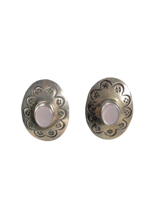 SS Stamped Oval Button Earrings w/ Stone