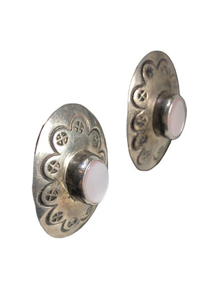 SS Stamped Oval Button Earrings w/ Stone