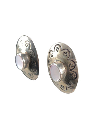 SS Stamped Oval Button Earrings w/ Stone