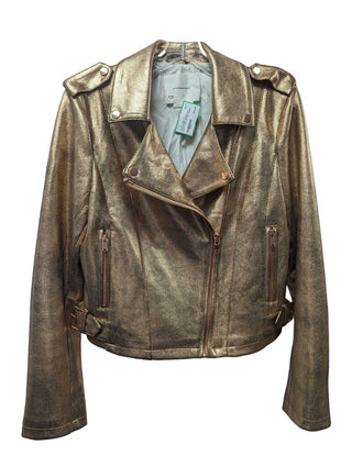 Metallic faux leather r moto zip front