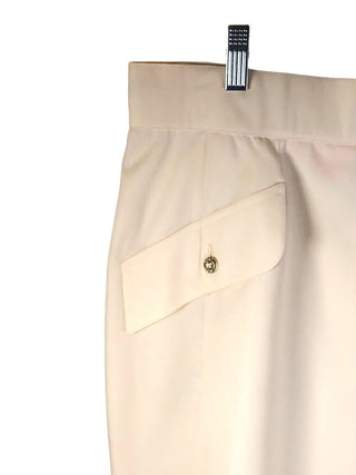 Silk/wool silk lined back zip goldbutton decorative faux pockets pencil knee length