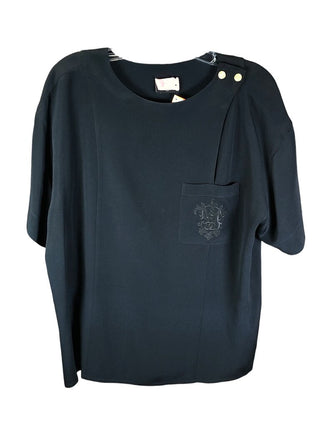 Silk short sleeve front pocket w/logo gold buttons on shoulder and down the backto the side