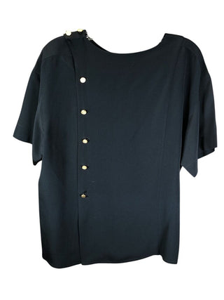 Silk short sleeve front pocket w/logo gold buttons on shoulder and down the backto the side