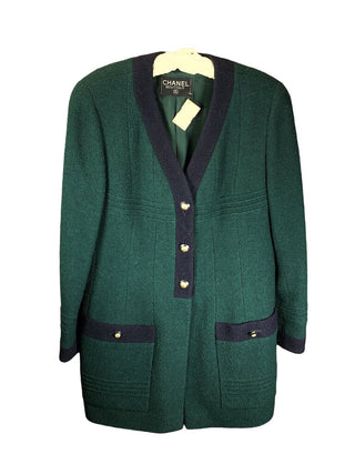 Boucle' wool silk lined logo gold button front cardigan style