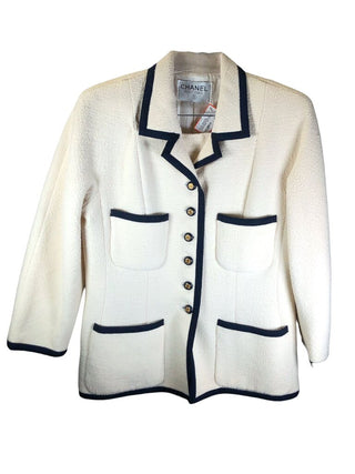 2pc boucle'wool silk lined suit notched collar logo button front 4 pockets grograin trim skirt back zip