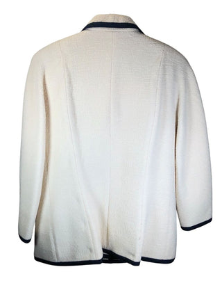 2pc boucle'wool silk lined suit notched collar logo button front 4 pockets grograin trim skirt back zip