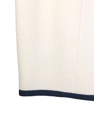 2pc boucle'wool silk lined suit notched collar logo button front 4 pockets grograin trim skirt back zip