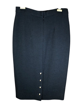 Wool boucle' silk lined midi pencil back zip 4 logo buttons back slit