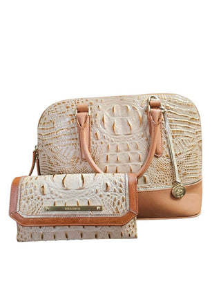 leather embossed satchel with wallet