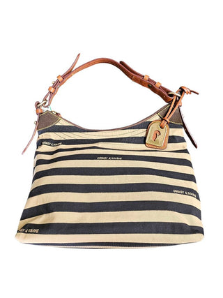 Striped Fabric Shoulder Bag w/Leather Trim