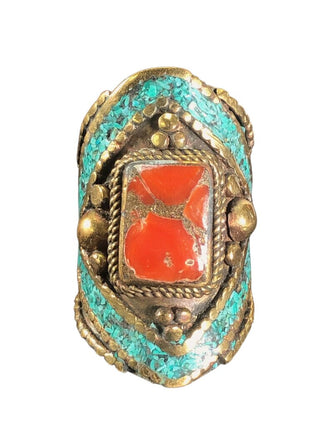 brass turquoise chip coral ring
