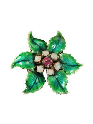 vintage 14k enamel opal ruby leaf flower pin