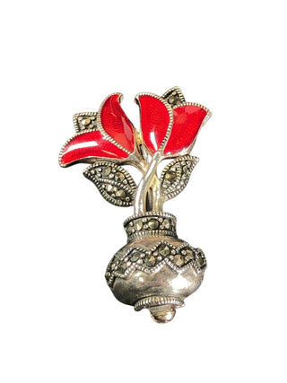 sterling enamel flower in a vase pin