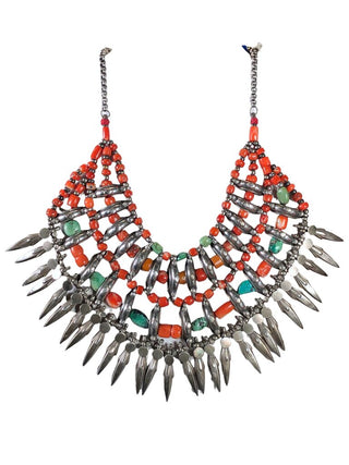 Tibetan Tribal Red Coral & Turquoise - Silver Collar Necklace