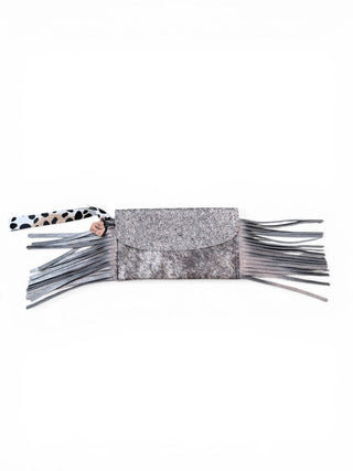 Embossed fringed cowhide wristlet