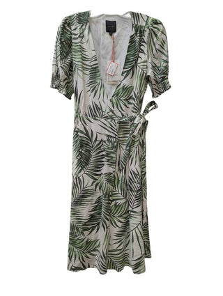 NWT Short Sleeve Wrap Dress Tea Length Palm Tree Print MSRP $169