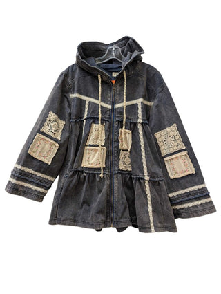 Utility Patchworked Fabric & Embroidery Tiered Zip Up With Hood