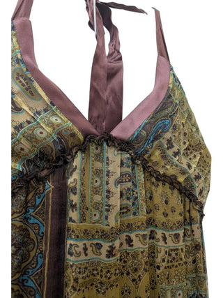 100% Silk Halter Maxi Dress Tiered Ruffles Paisley Print