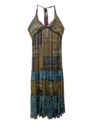 100% Silk Halter Maxi Dress Tiered Ruffles Paisley Print