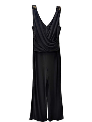 Sleeveless Deep V Neck Long Jumpsuit Studded Shoulders