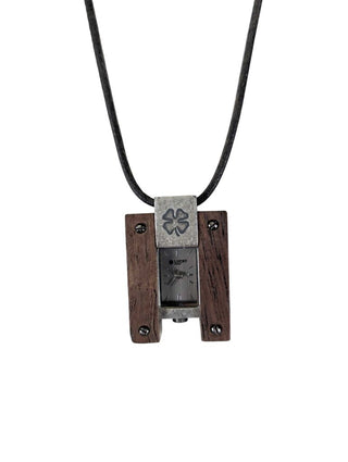 Necklace Watch Wood & Pewter w/ Box AS IS Battery Needed