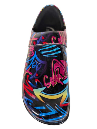 NWOT Patent Leather Neon Graffiti Clogs