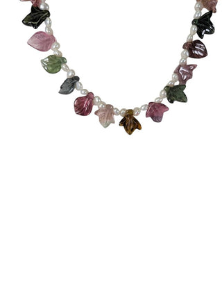 Pearl & Natural Tourmaline Leaf Necklace Earring Set