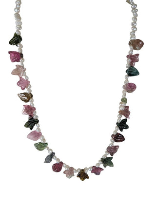 Pearl & Natural Tourmaline Leaf Necklace Earring Set