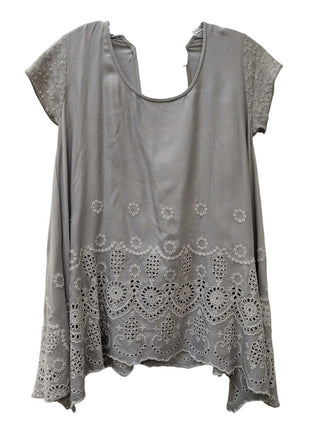 Short Sleeve Eyelet Detail Handkerchief Hem