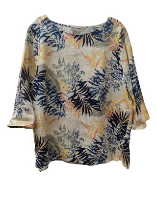 Short Sleeve Tropical Print Linen Blouse