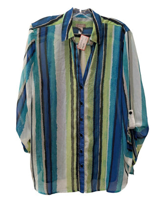 Sheer Long Sleeve Vertical Striped Button Up