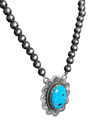 Sterling Oxy Bead Kingman Turquoise Pendant Necklace