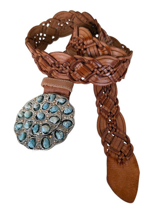 Braided Leather Belt Turquouse & Gem Studded Buckle