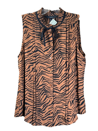 Sleeveless button down tiger print tie neck