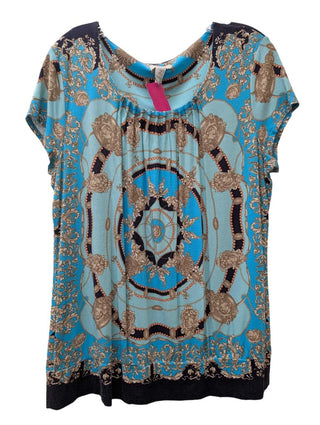 Short Sleeve Pleated Neck Scallop Paisley Print