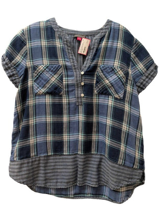 Short Sleeve 1/2 Button Down Plaid Blouse