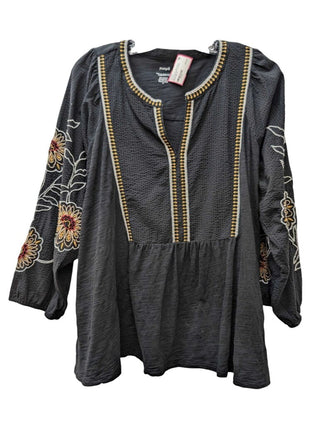 Long Sleeve Floral Embroidery Ruched Blouse
