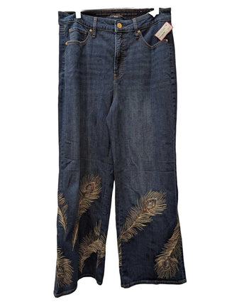 Wide Leg High Rise Dark Denim Metallic Peacock Feathers