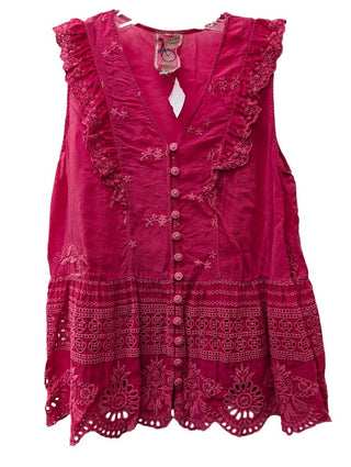 Embroidered Eyelet Ruffled Button Down Blouse