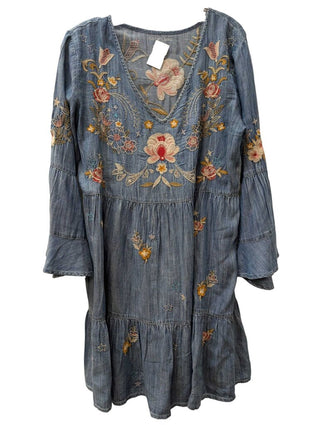 Long Sleeve Floral Embroidery Denim Dress