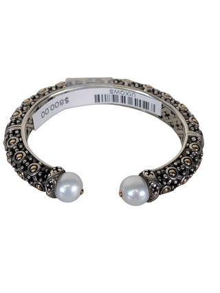 18K Artisan Style Cuff Bracelet w/ Double Pearls