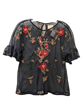 Short Sleeve Floral Embroidery Mesh Blouse