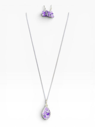 SS Raw Amethyst Pendant Necklace w/Earrings Set