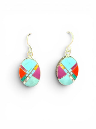 SS Stone Inlay Oval Earrings