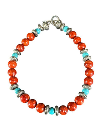 red/Turq Color Stone & Silver Beaded Necklace