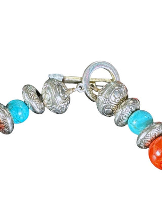 red/Turq Color Stone & Silver Beaded Necklace