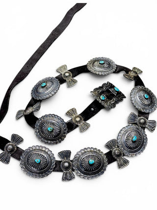 Vintage Sterling Turquoise Concho Belt with 15 Conchos/leather