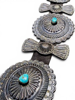 Vintage Sterling Turquoise Concho Belt with 15 Conchos/leather