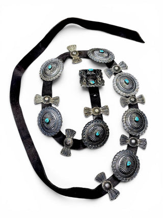 Vintage Sterling Turquoise Concho Belt with 15 Conchos/leather