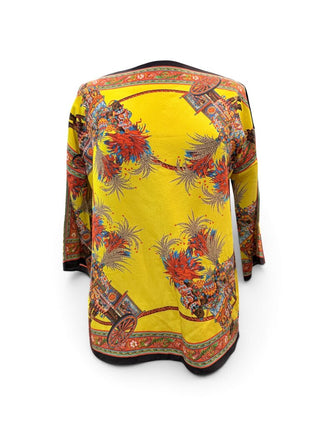 3/4 Sleeve Majolica Horse & Cart Print Silk Blouse